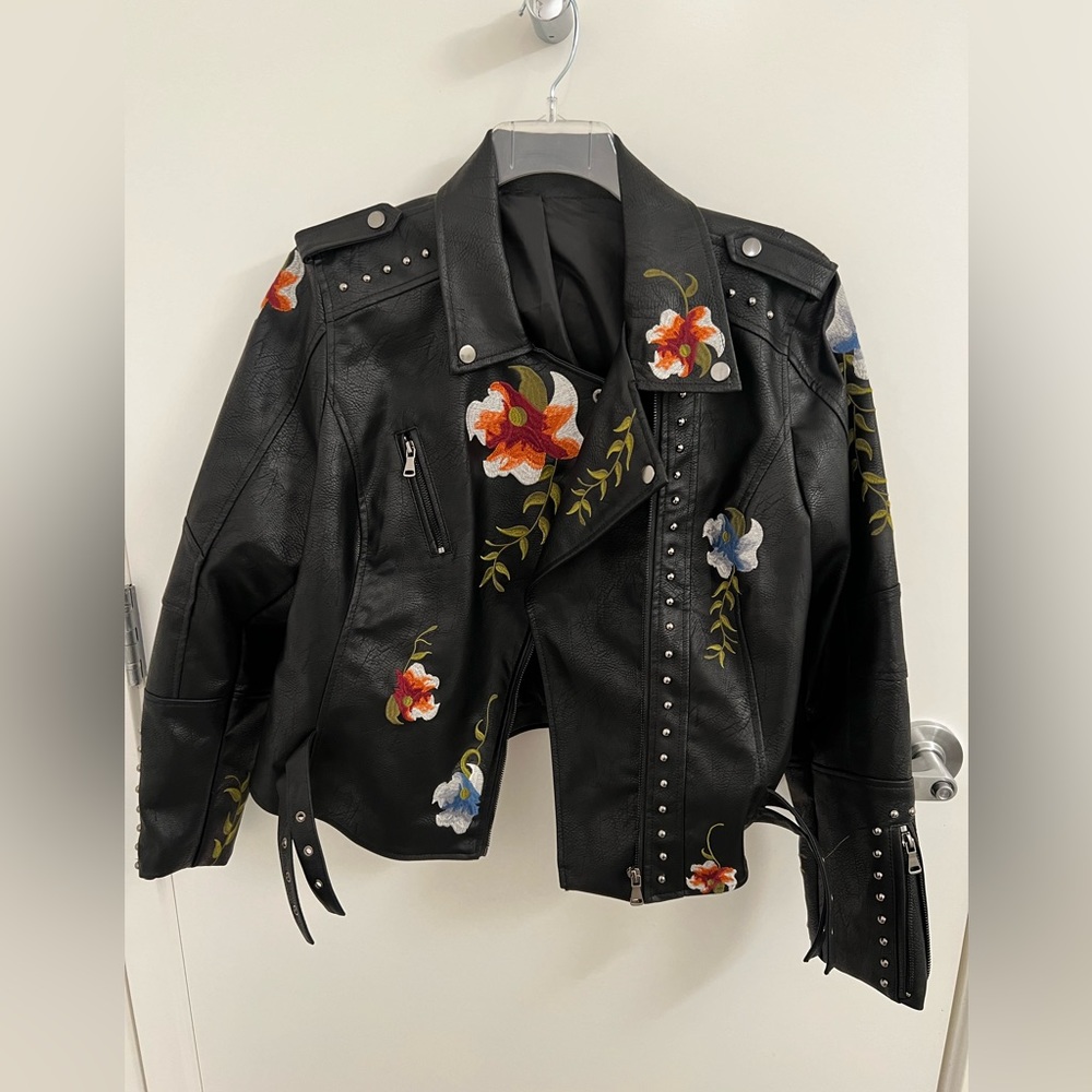 New Black Studded Embroidered Moto-Jacket